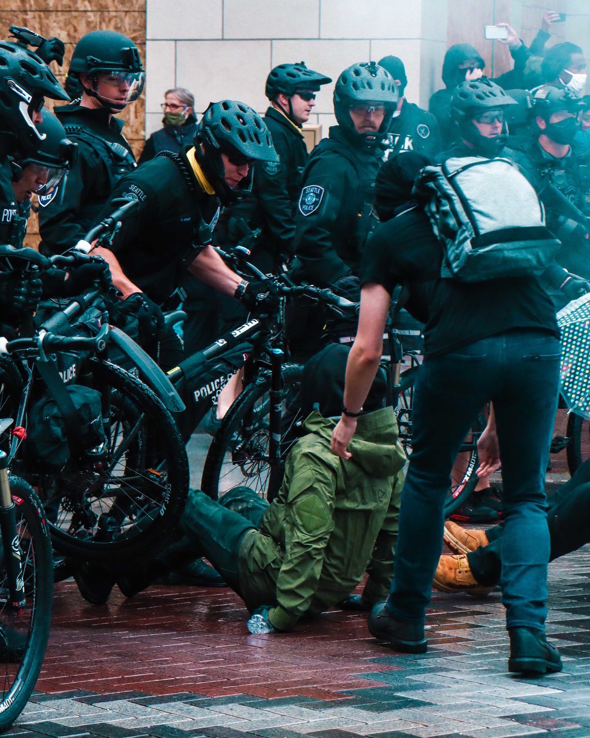 Police and protesters clash during marches in Seattle last month.  