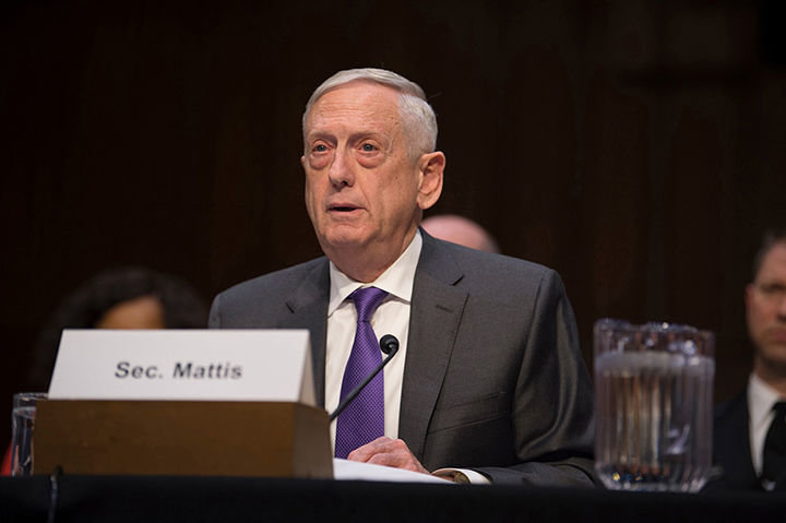 Former U.S. Secretary of Defense Jim Mattis testifies on the fiscal year 2019 budget at the Senate Armed Services Committee on Capitol Hill April 26, 2018, in Washington, D.C. 