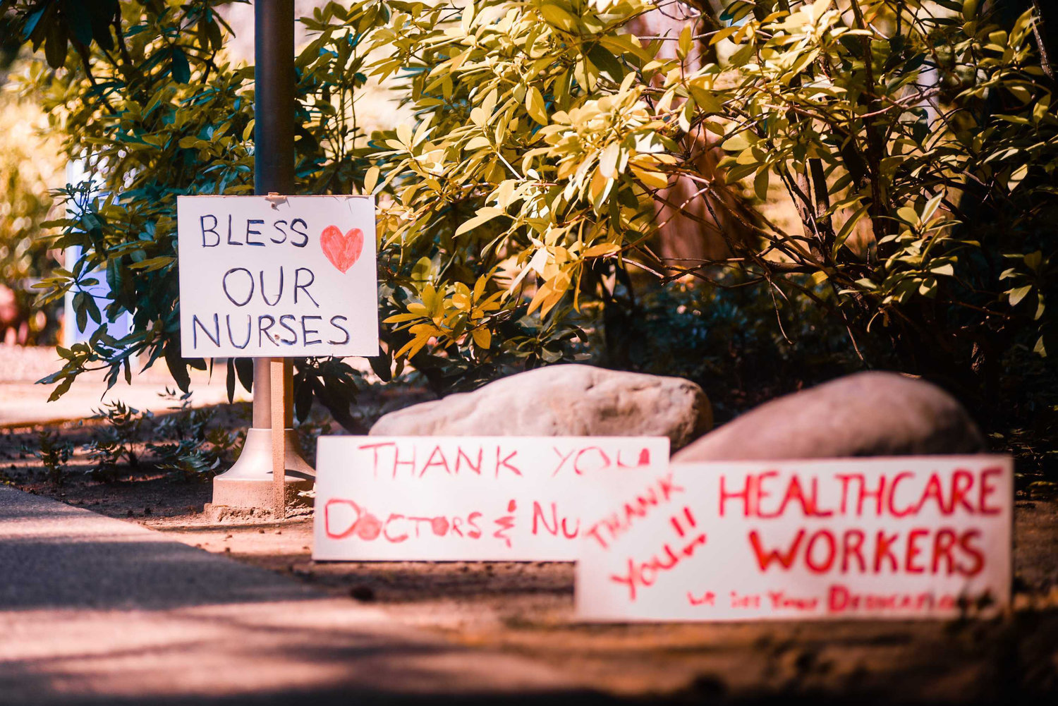 Signs around Providence St. Peter Hospital in Olympia show support for hospital workers in 2020.