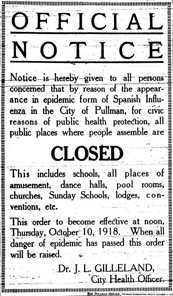Announcement closing public places during flu pandemic, The Pullman Herald, October 11, 1918