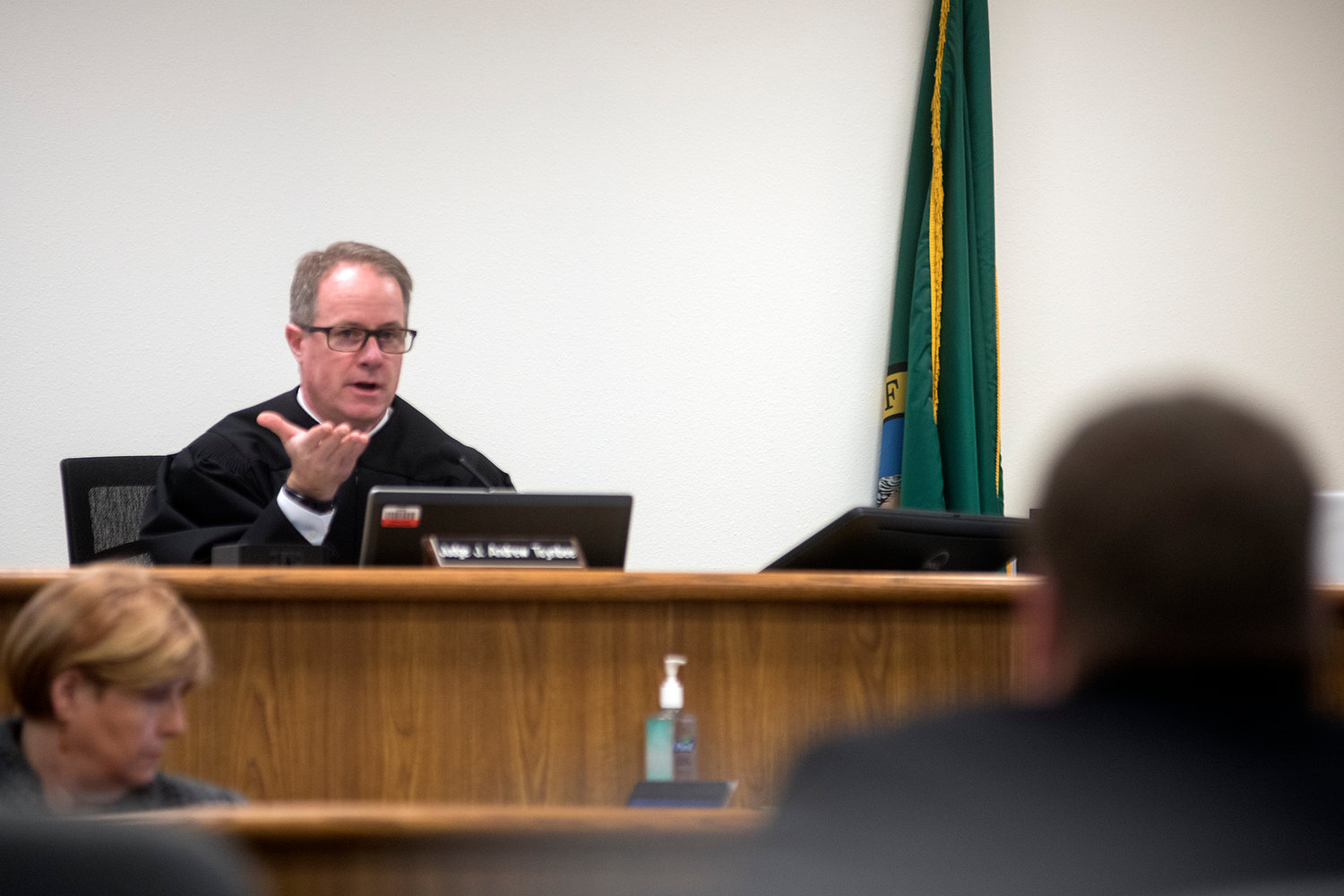 Lewis County Superior Court Judge Andrew Toynbee presides over a sentencing in Lewis County Superior Court in 2017.