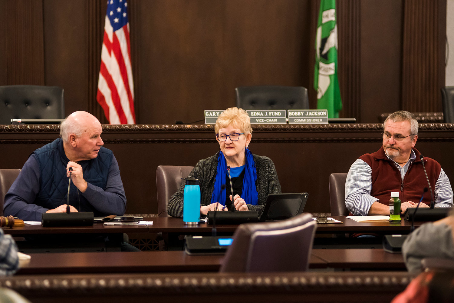 FILE PHOTO — From left to right, county commissioners Gary Stamper, Edna Fund, and Bobby Jackson attend a mayors meeting Jan. 3, 2020, at the Lewis County Courthouse in Chehalis.