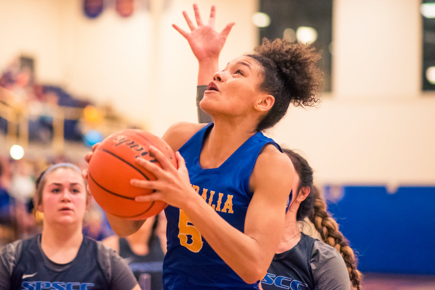 Centralia's Selena Cudeny (5) looks to the hoop during a women's basketball game against S.P.S.C.C Wednesday night at Centralia College.