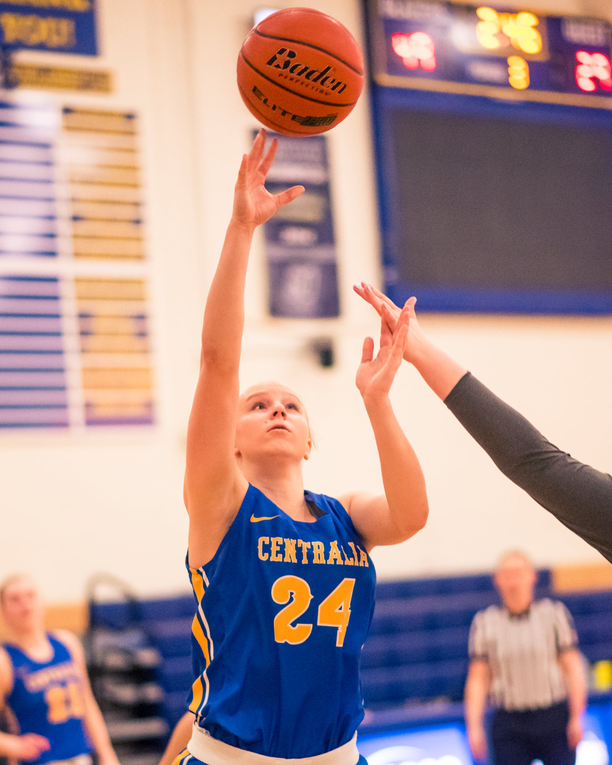 Centralia's Chloe Narolski (24) puts up a shot during a women's basketball game against S.P.S.C.C Wednesday night at Centralia College.