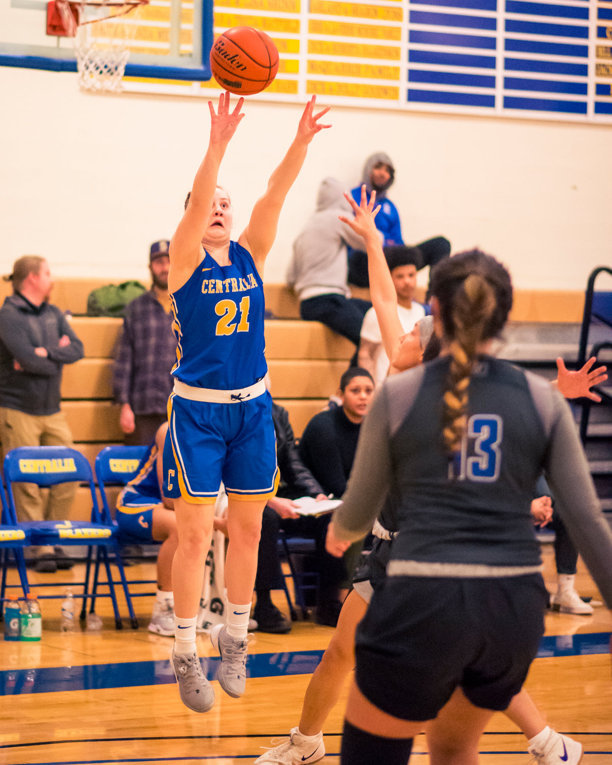 Centralia's Rachel Wilkerson (21) takes an outside shot during a women's basketball game against S.P.S.C.C Wednesday night at Centralia College.