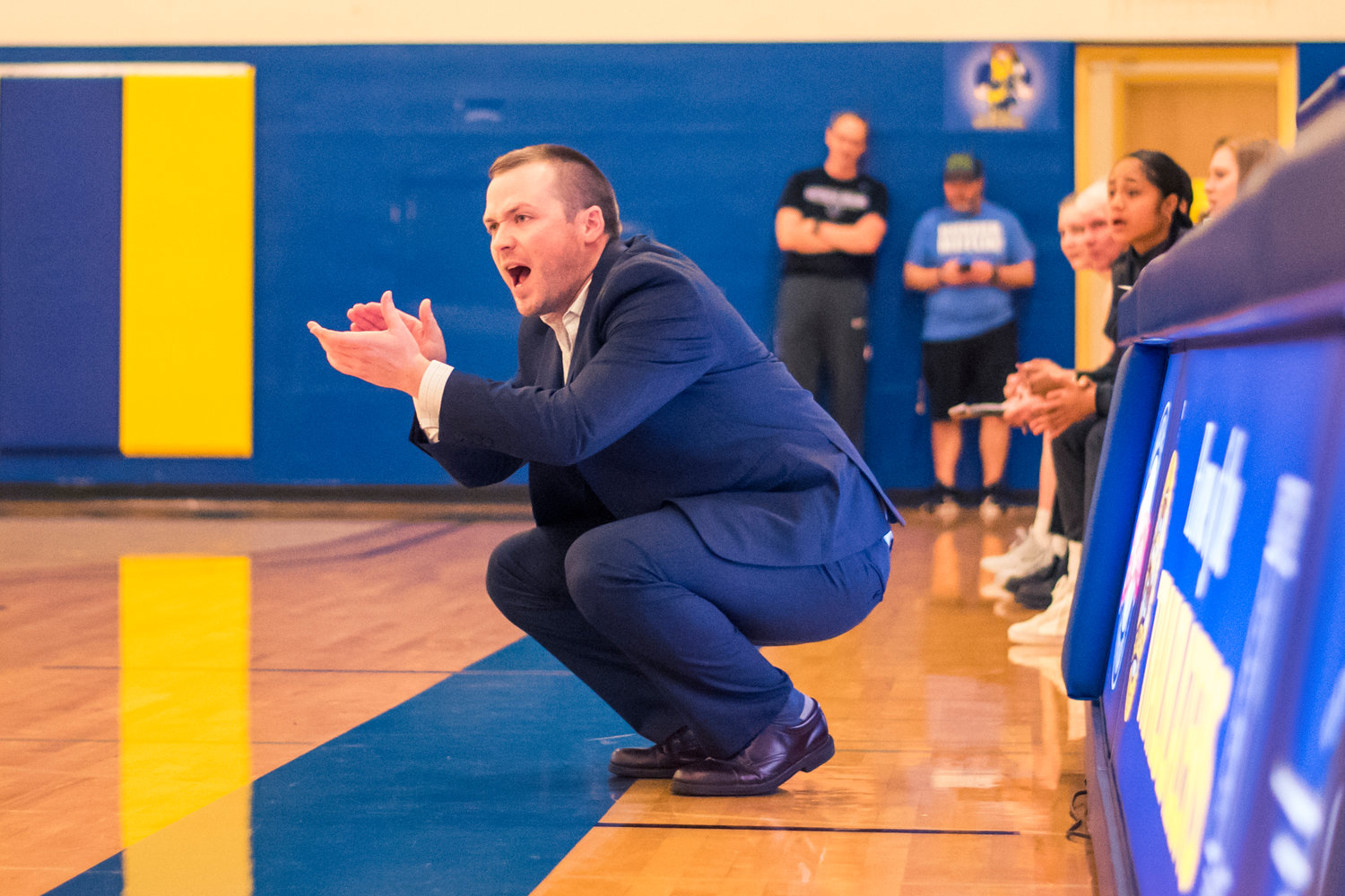 Centralia's coach Caleb Sells yells to players during a women's basketball game against S.P.S.C.C Wednesday night at Centralia College.