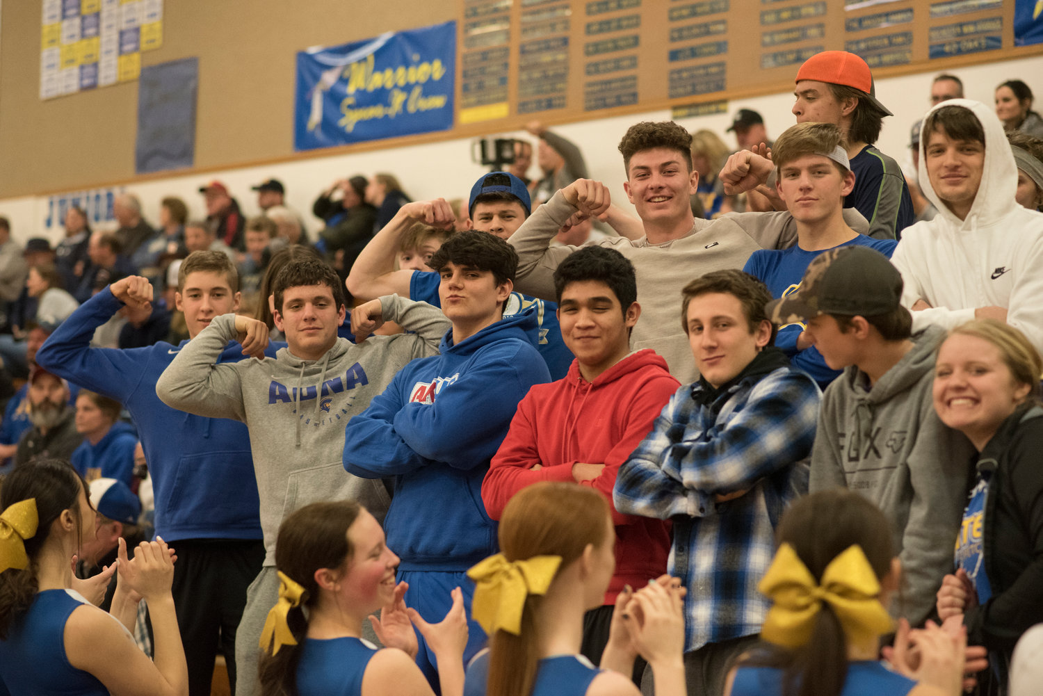 Adna students react during a timeout of the Pirates 46-33 win over Rainier Thursday. (Eric Trent / etrent@chronline.com)