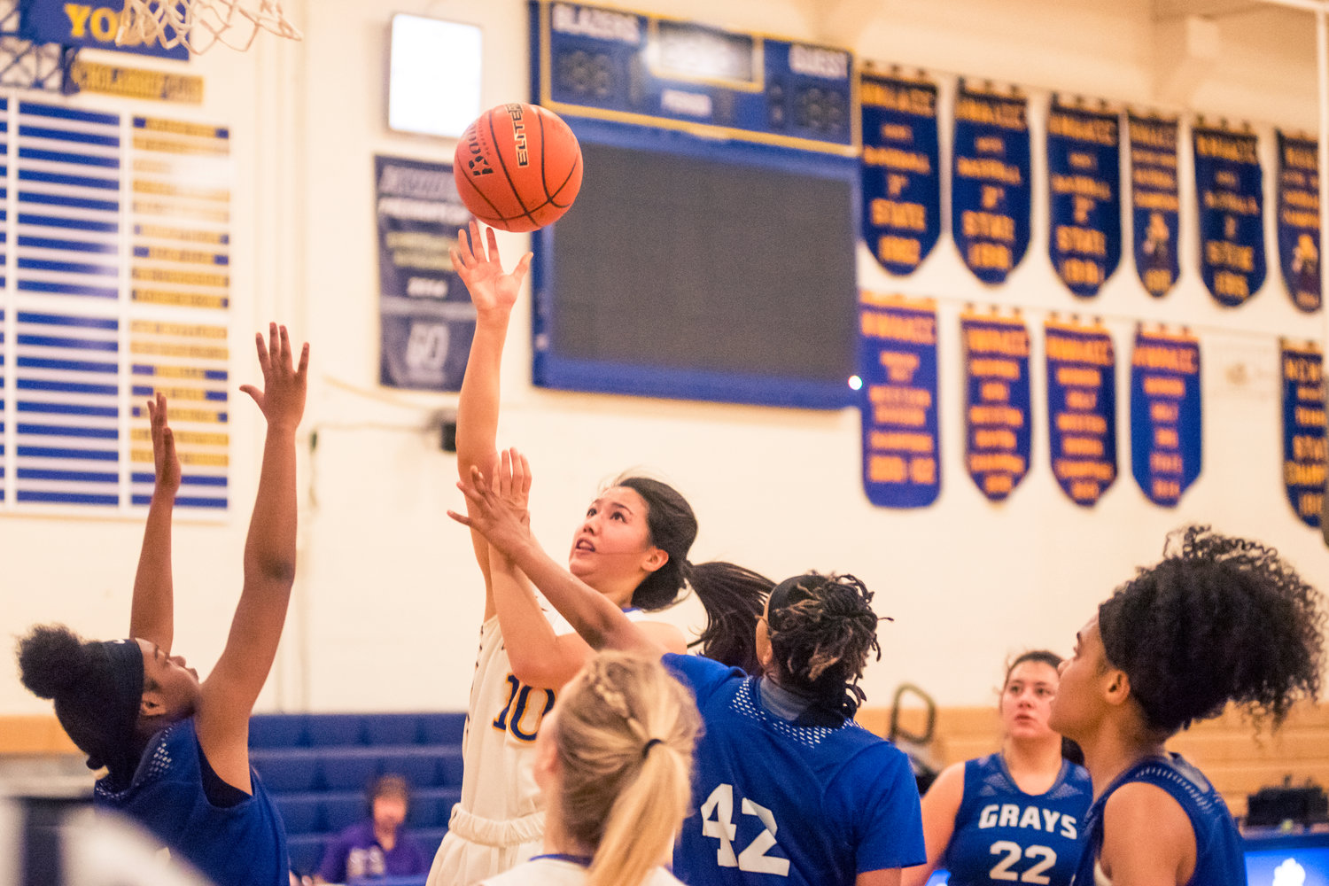 Centralia's Piper Cai (10) attempts a shot during a game against Grays Harbor Wednesday night at Centralia College.