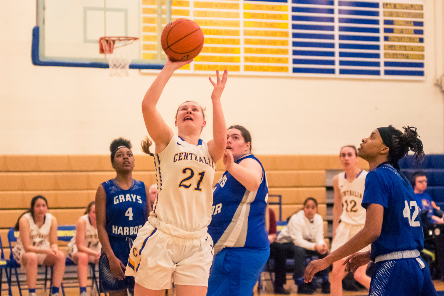 Centralia's Rachel Wilkerson (21) puts the ball up during a game against Grays Harbor Wednesday night at Centralia College.