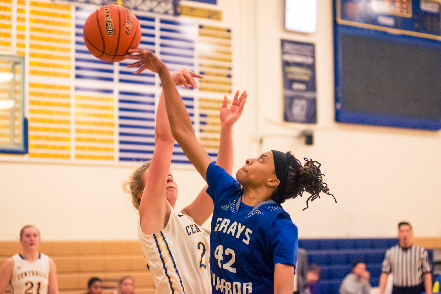 Grays Harbor's Armonnie Byrd (42) gets a block on Centralia's Chloe Narolski (24) during a game Wednesday night at Centralia College.