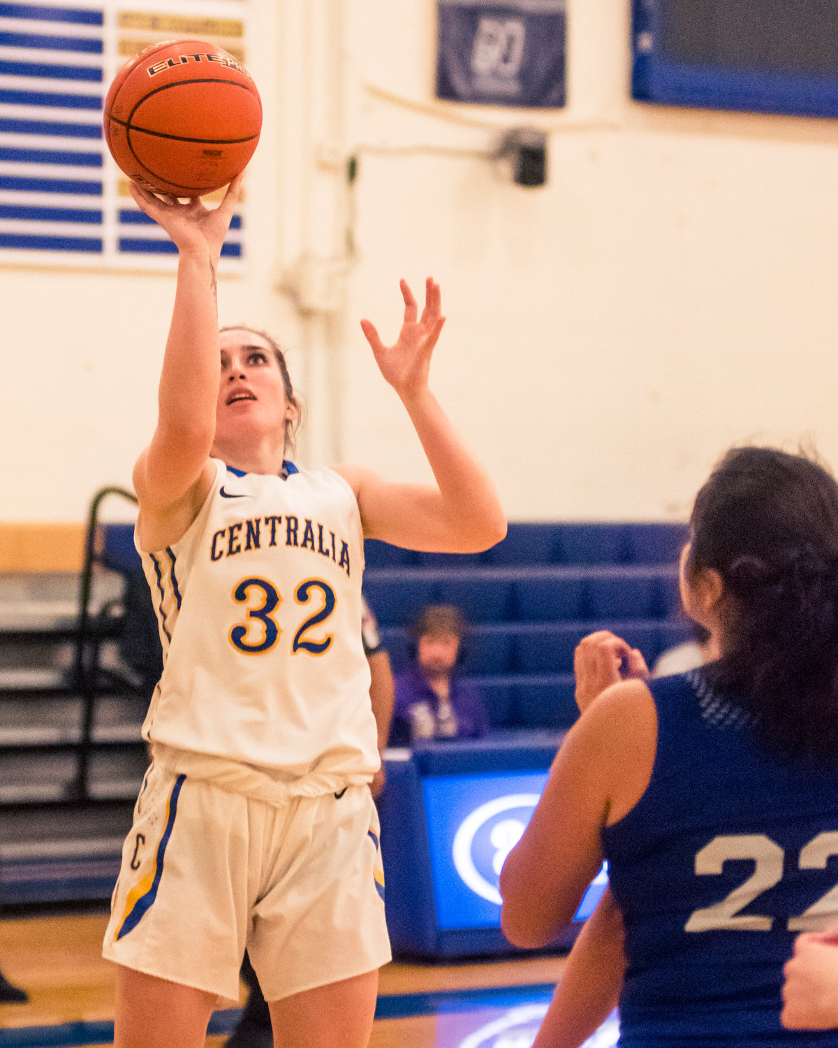 Centralia's Lindsey Nurmi (32) takes a shot during a game against Grays Harbor Wednesday night at Centralia College.
