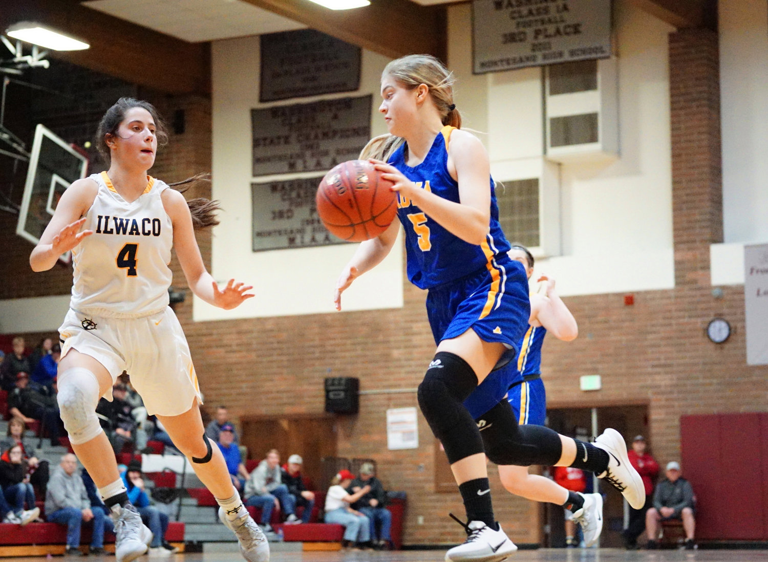 Adna's Kaylin Todd drives against an Ilwaco defender during the Pirates' 42-26 loss to the Fishermen on Saturday. (Rob Hilson / For The Chronicle)