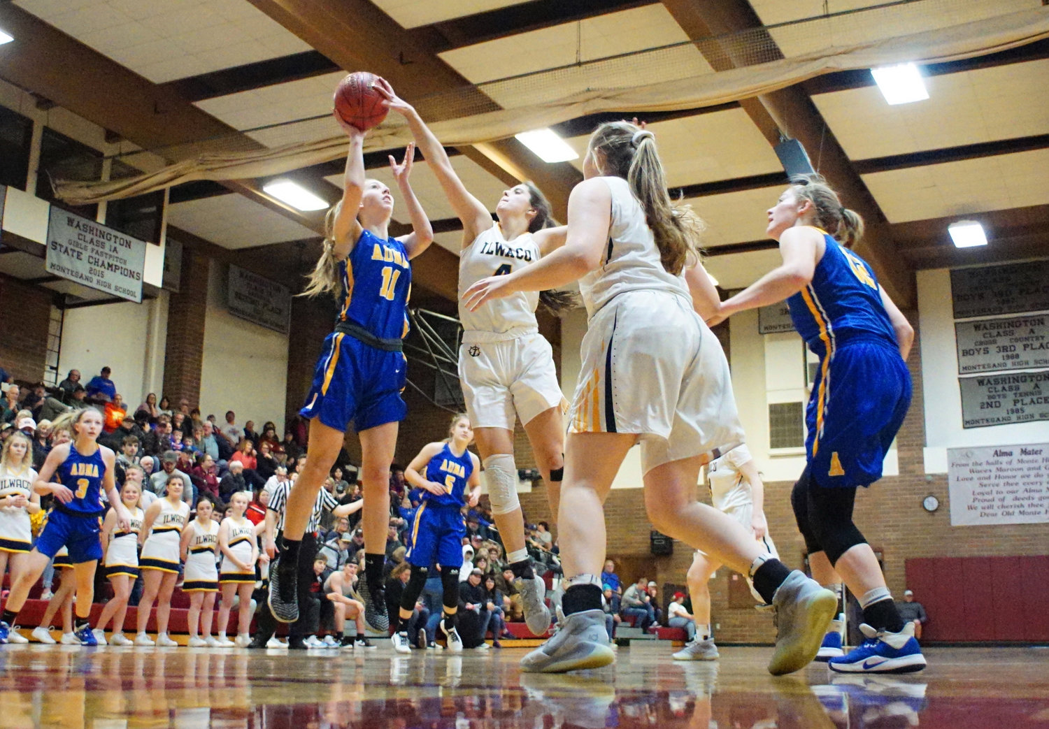 Adna's Faith Wellanger gets blocked by an Ilwaco defender during the Pirates' 42-26 loss to the Fishermen on Saturday. (Rob Hilson / For The Chronicle)
