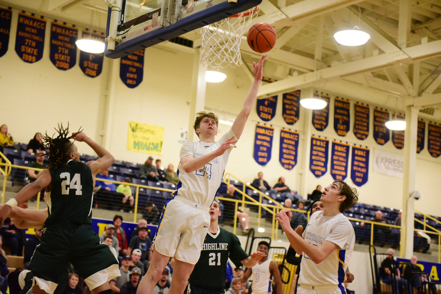Centralia's Michael Adams goes up for a shot against Highline Saturday.
