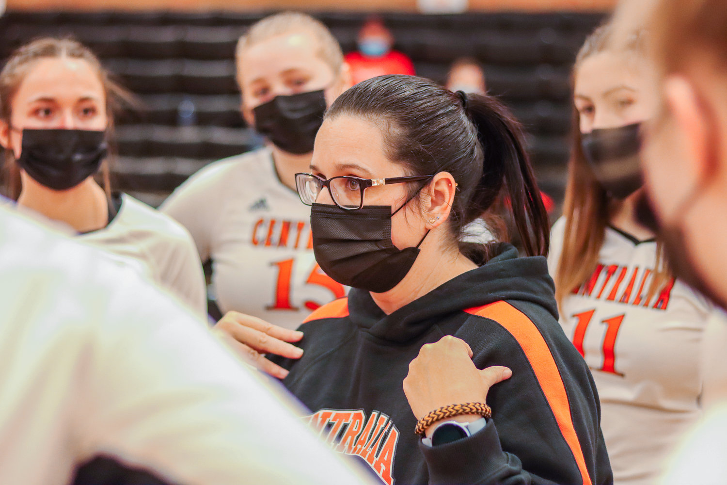 Centralia's Head Coach Marti Smith talks to players during a Swamp Cup game against W.F. West Tuesday night.