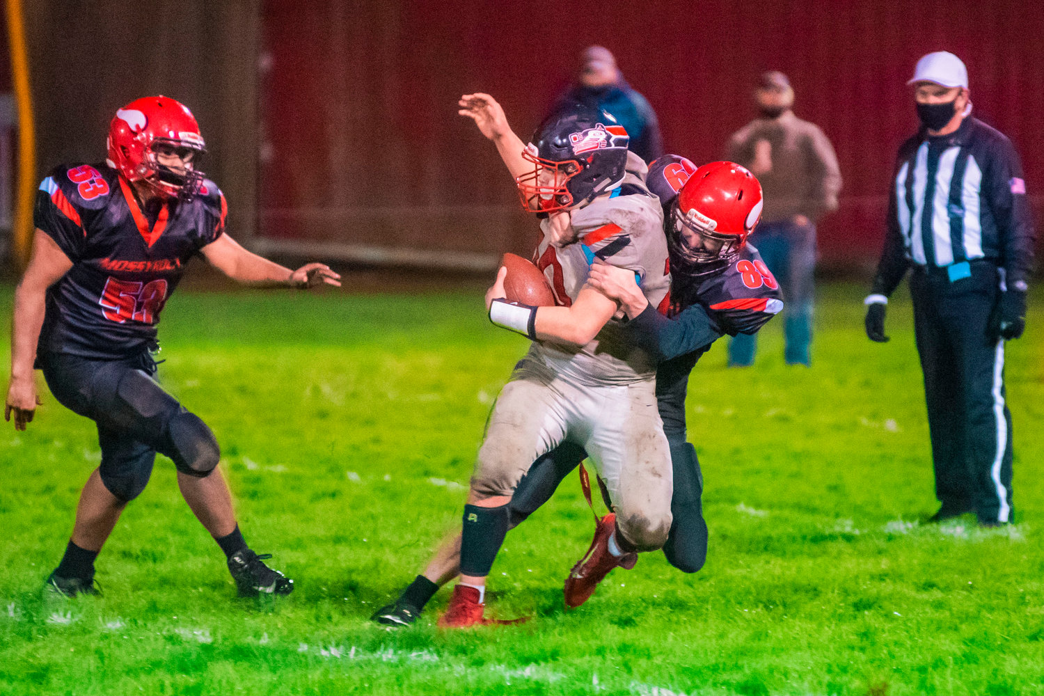 Mossyrock’s Kainen Zavodsky (89) makes a tackle during a game against Taholah Friday night.