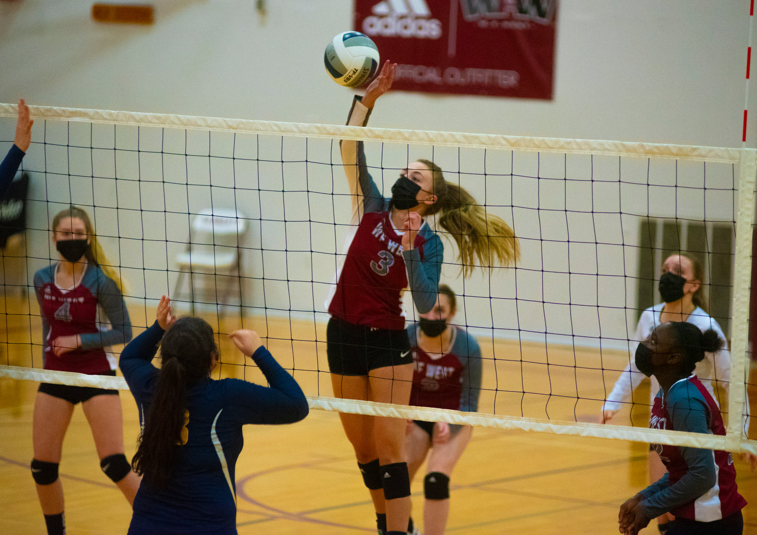 W.F. West junior Amelia Etue hammers down a spike against Aberdeen on Thursday.
