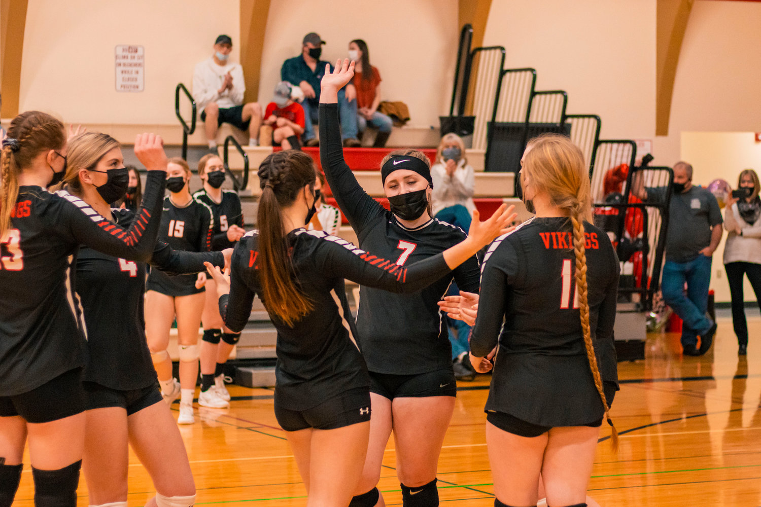 Vikings celebrate a score during a game against Pe Ell in Mossyrock on Thursday.