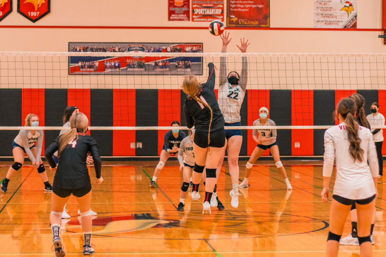 Pe Ell’s Claire Cleveland (22) goes up for the ball during a game Thursday night in Mossyrock.