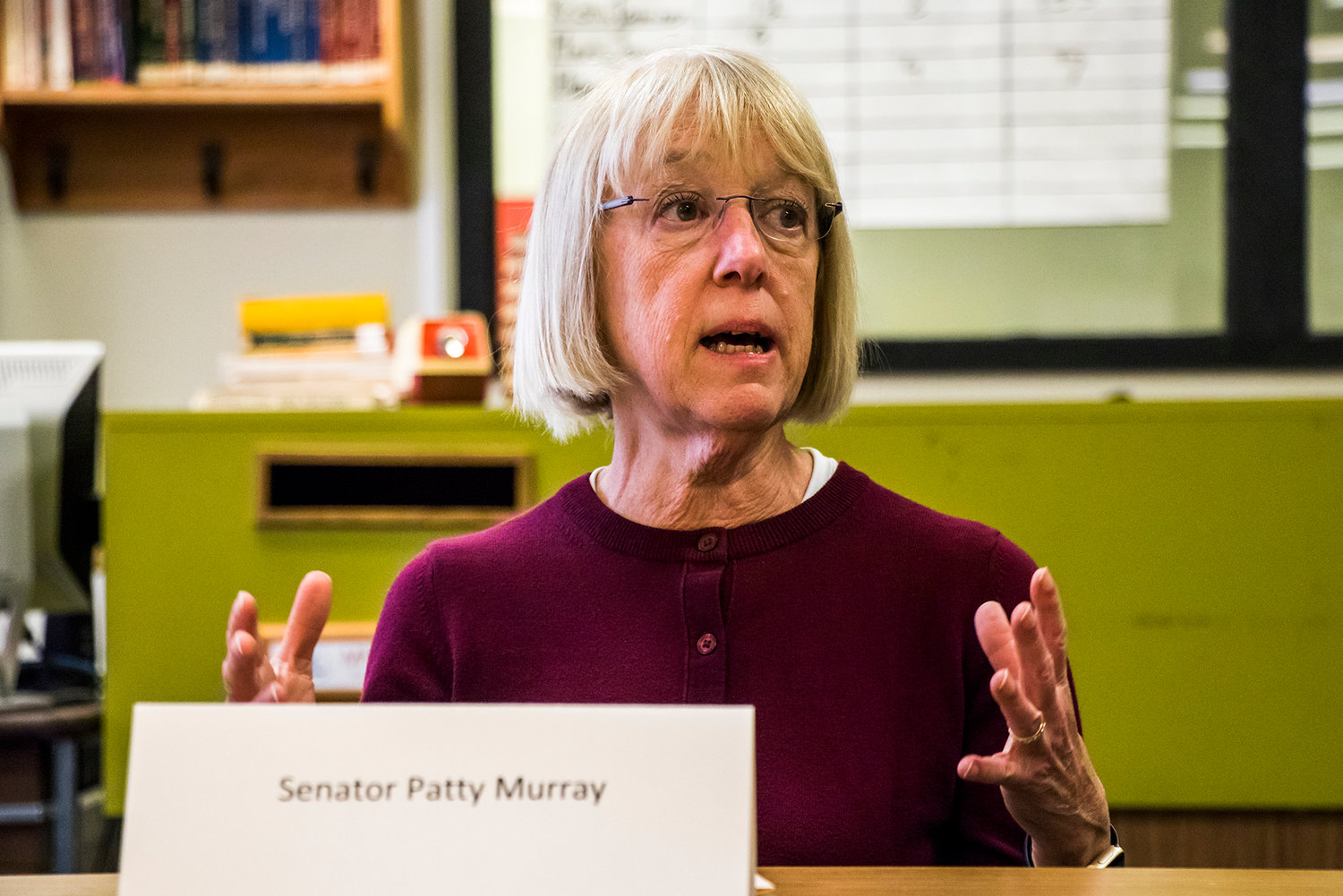 FILE PHOTO — Senator Patty Murray attends a meeting with members of the community and school district in May 2019 at Toledo High School.