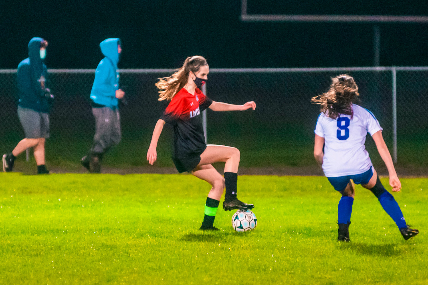 Toledo’s Marina Smith (9) takes the ball down field during a soccer game against Onalaska Monday night.