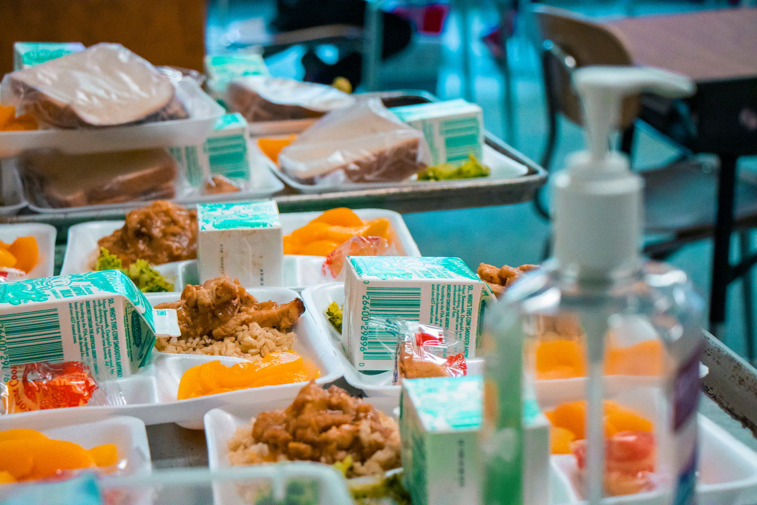 Student lunch is set out next to a bottle of hand sanitizer in Onalaska on Tuesday.