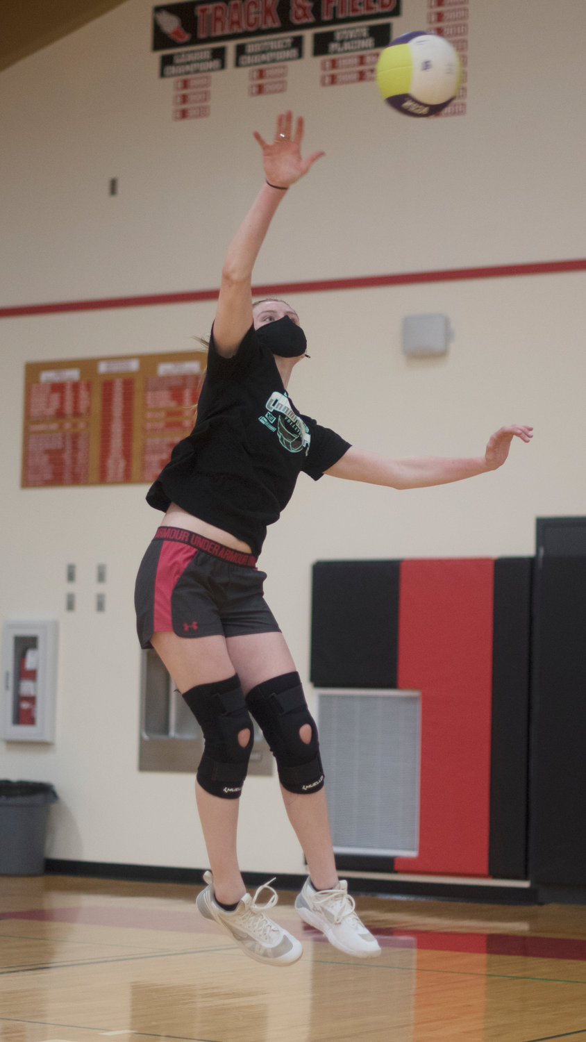 Mossyrock's Paige Houghtelling skies for a spike during practice on Monday, Feb. 1, 2021.