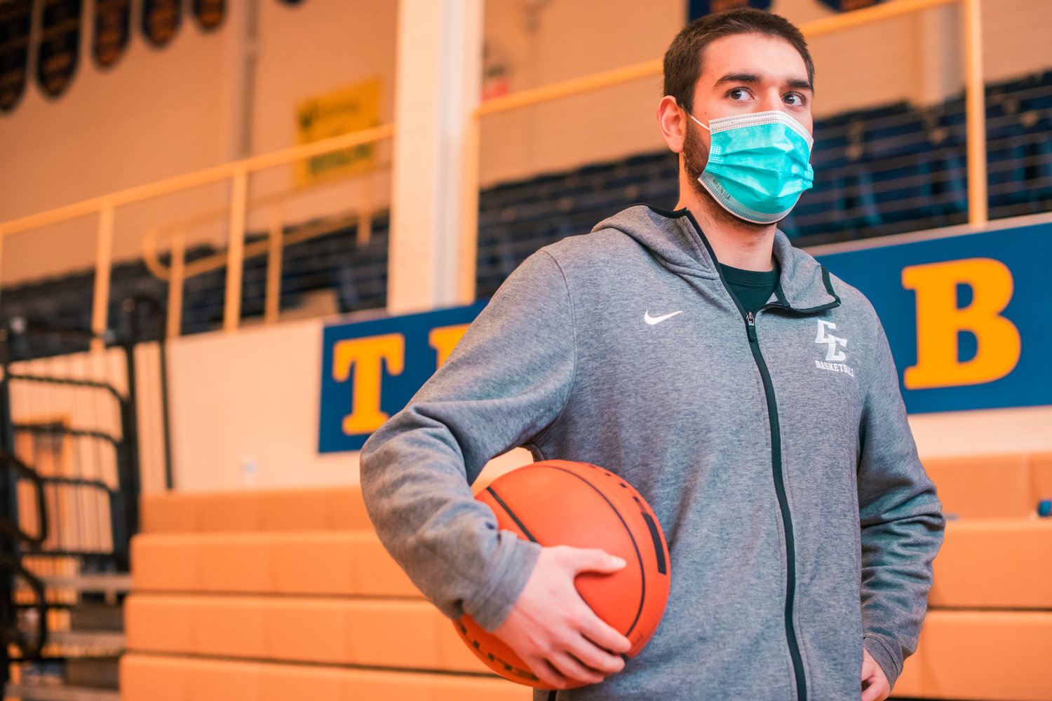 Fano Arceo-Hansen talks about wearing masks during practice at Centralia College on Wednesday.
