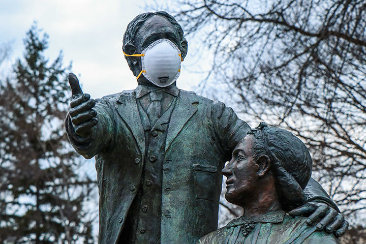 A mask was placed on the statue of George Washington in Centralia in April. 