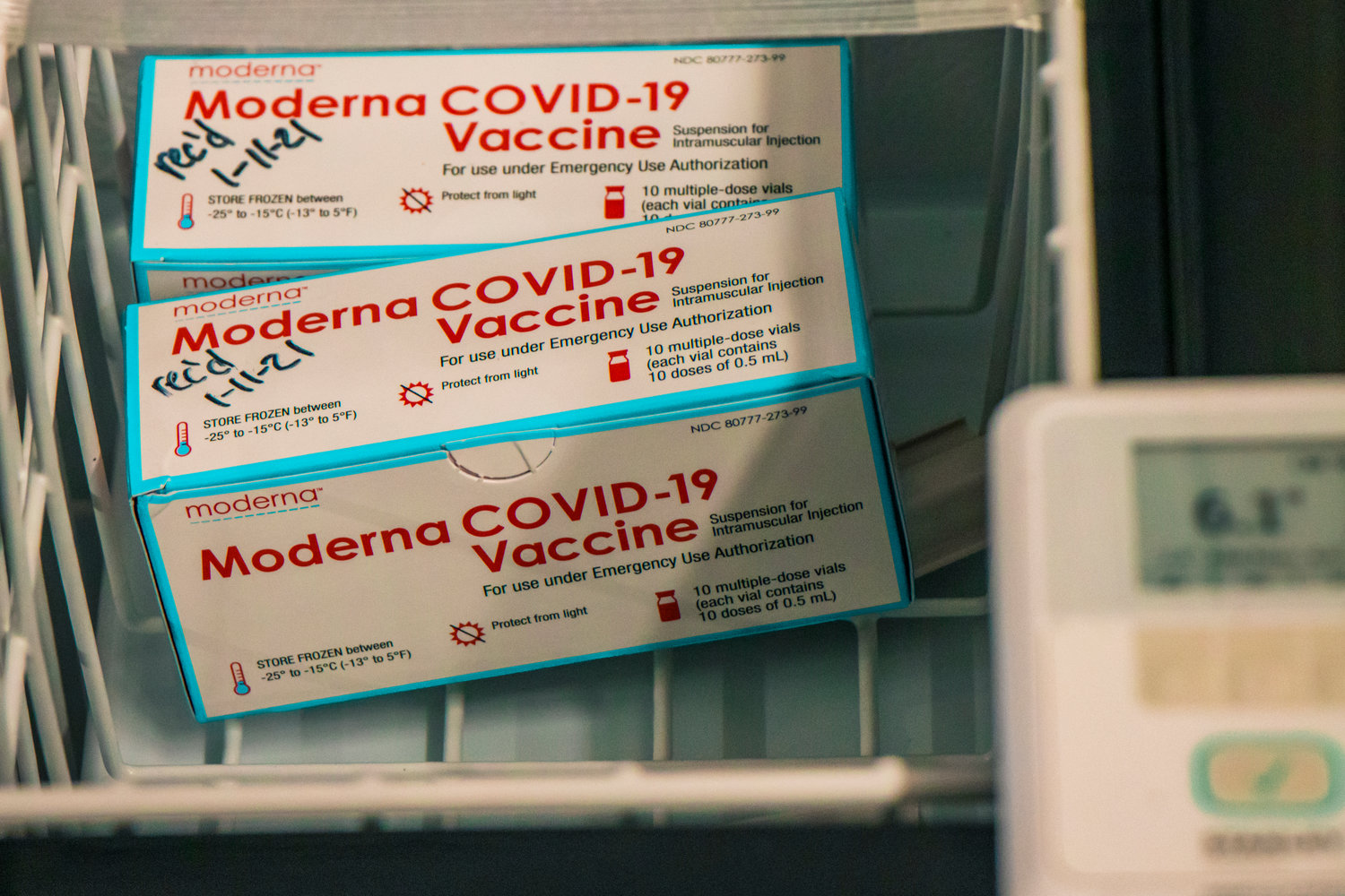 Moderna COVID-19 Vaccine vials are kept inside a cooler inside the Community Event Building at the Southwest Washington Fairgrounds during a vaccine distribution event last month. 