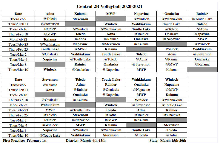 The Central 2B League's 2021 volleyball schedule.
