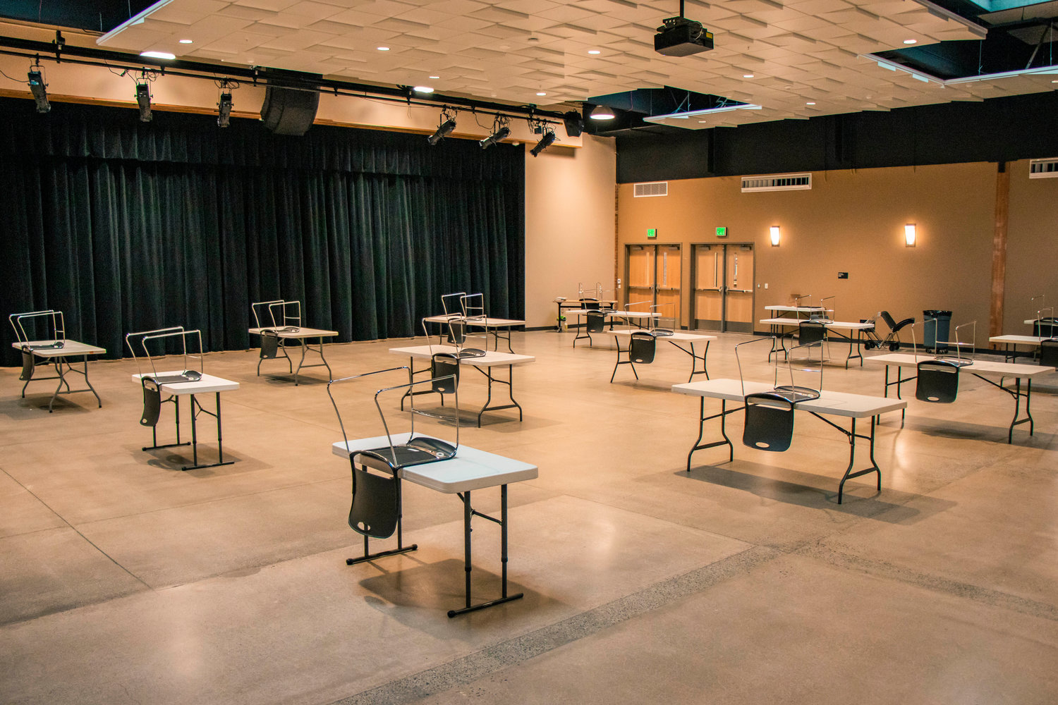 Tables and chairs are separated to help prevent the spread of COVID-19 in a room where students can bring computers and work using Centralia High School’s Wi-Fi.