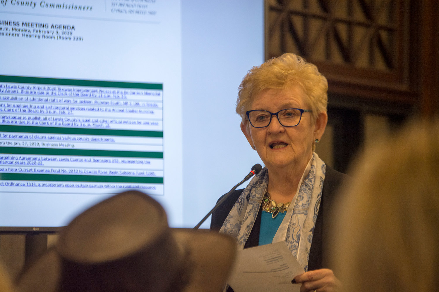 FILE PHOTO — County Commissioner Edna Fund speaks at the County Commissioner meeting in the Lewis County Courthouse last February.