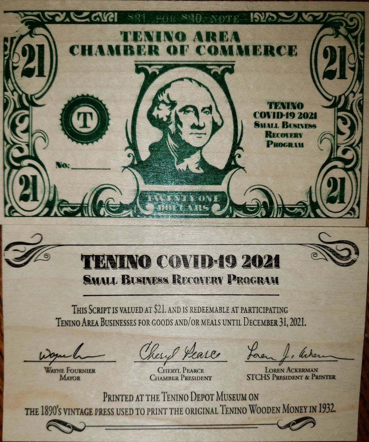 The front and pack of Tenino’s new wooden currency are seen in this photograph provided by the Tenino Area Chamber of Commerce.