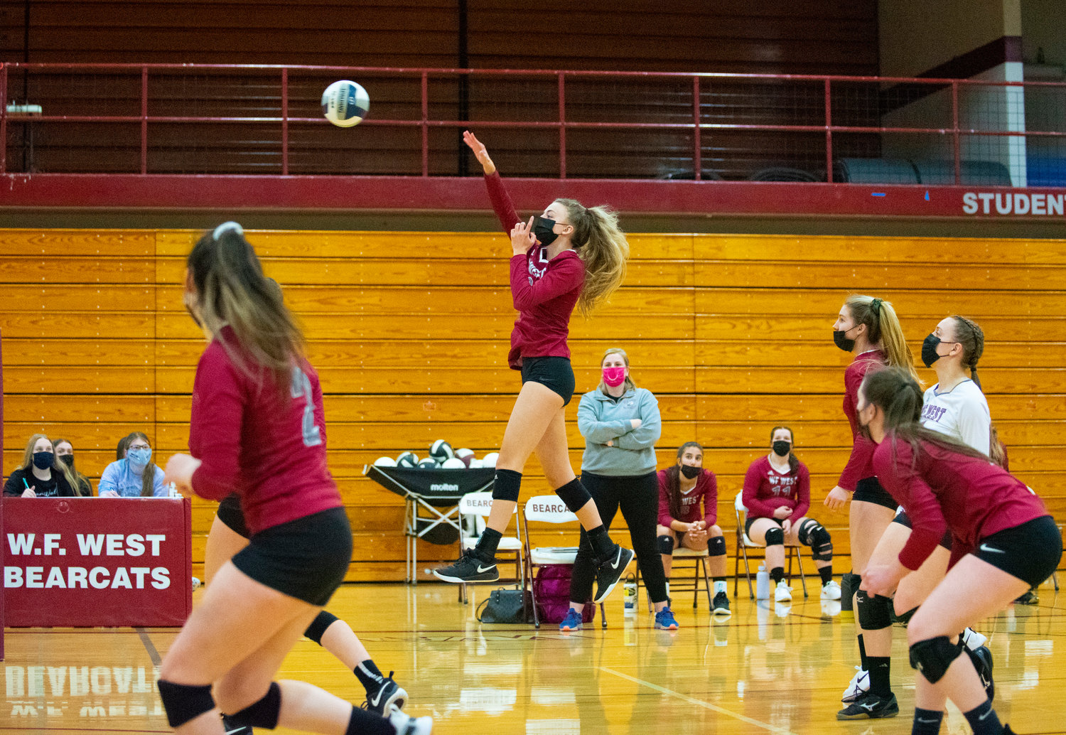 W.F. West's Amelia Etue rises for a spike against Aberdeen on Tuesday.
