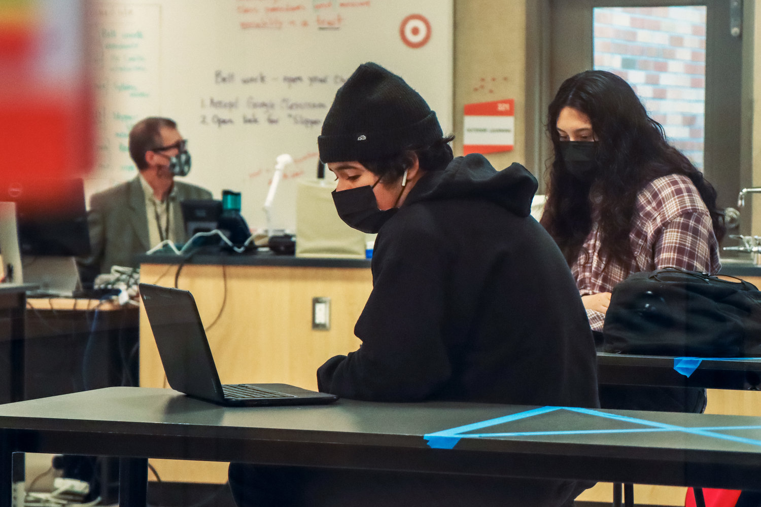 Students sport masks in class during their first week back in school Friday morning at Centralia High School.