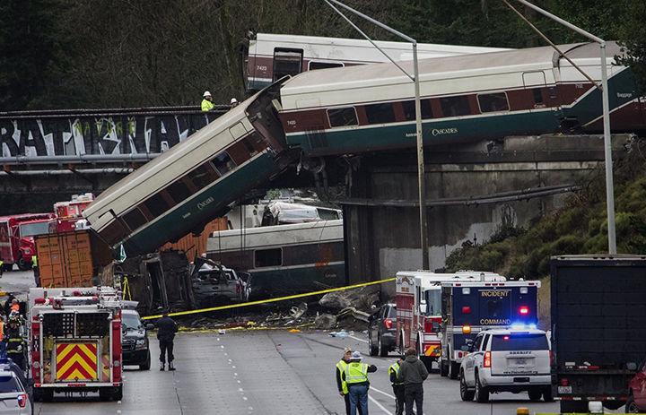 This was the scene on Dec. 18, 2017, when a southbound Amtrak train derailed south of the Mounts Road Southwest overpass and cars toppled on to I-5. Three people were killed.