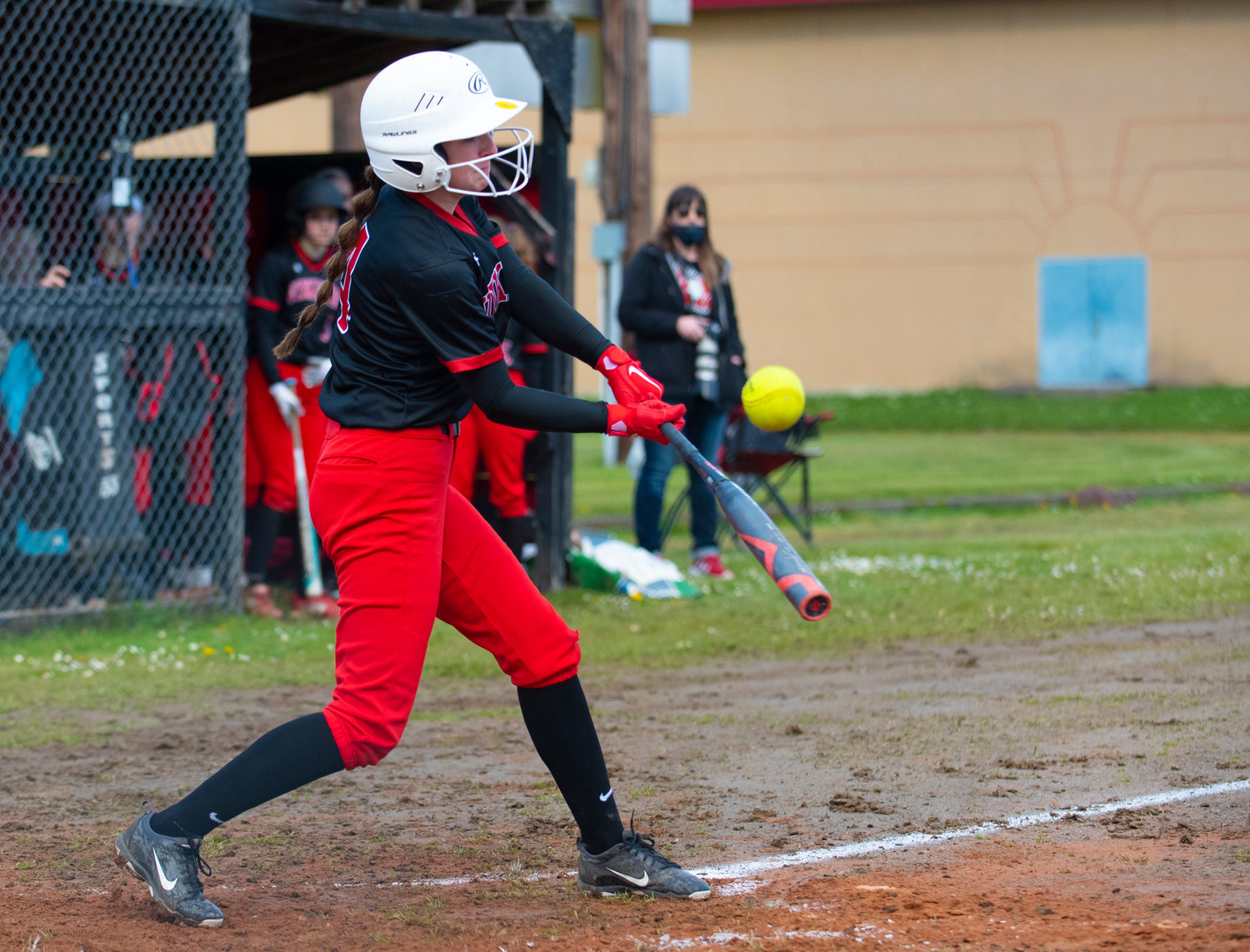 Mossyrock's Gracie Lovan connect with an Oakville pitch on Thursday.