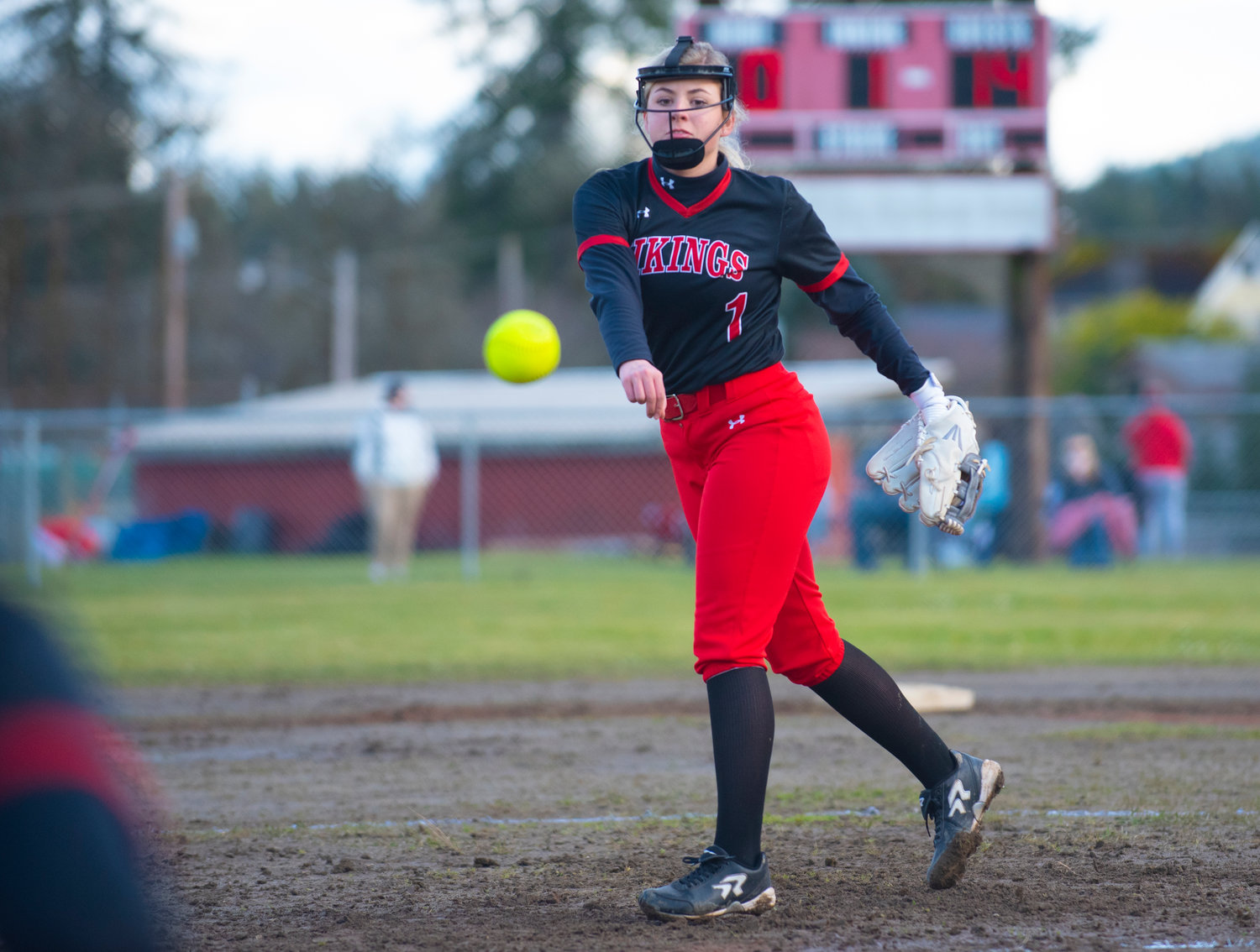 Mossyrock ace Gracie May West uncorks a first-inning throw against Oakville on Thursday.