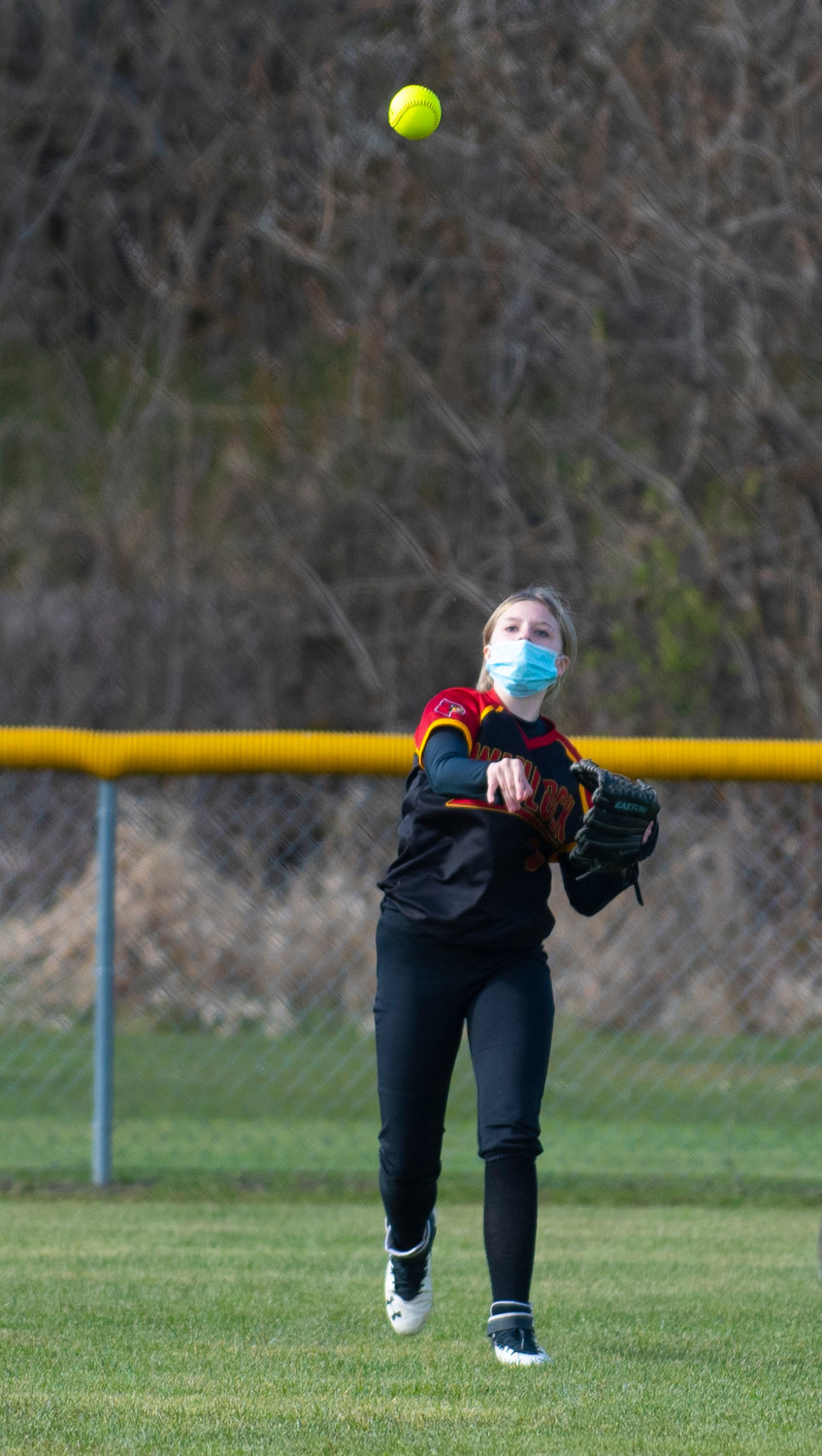 A Winlock player makes a throw from the outfield against Adna on Friday.