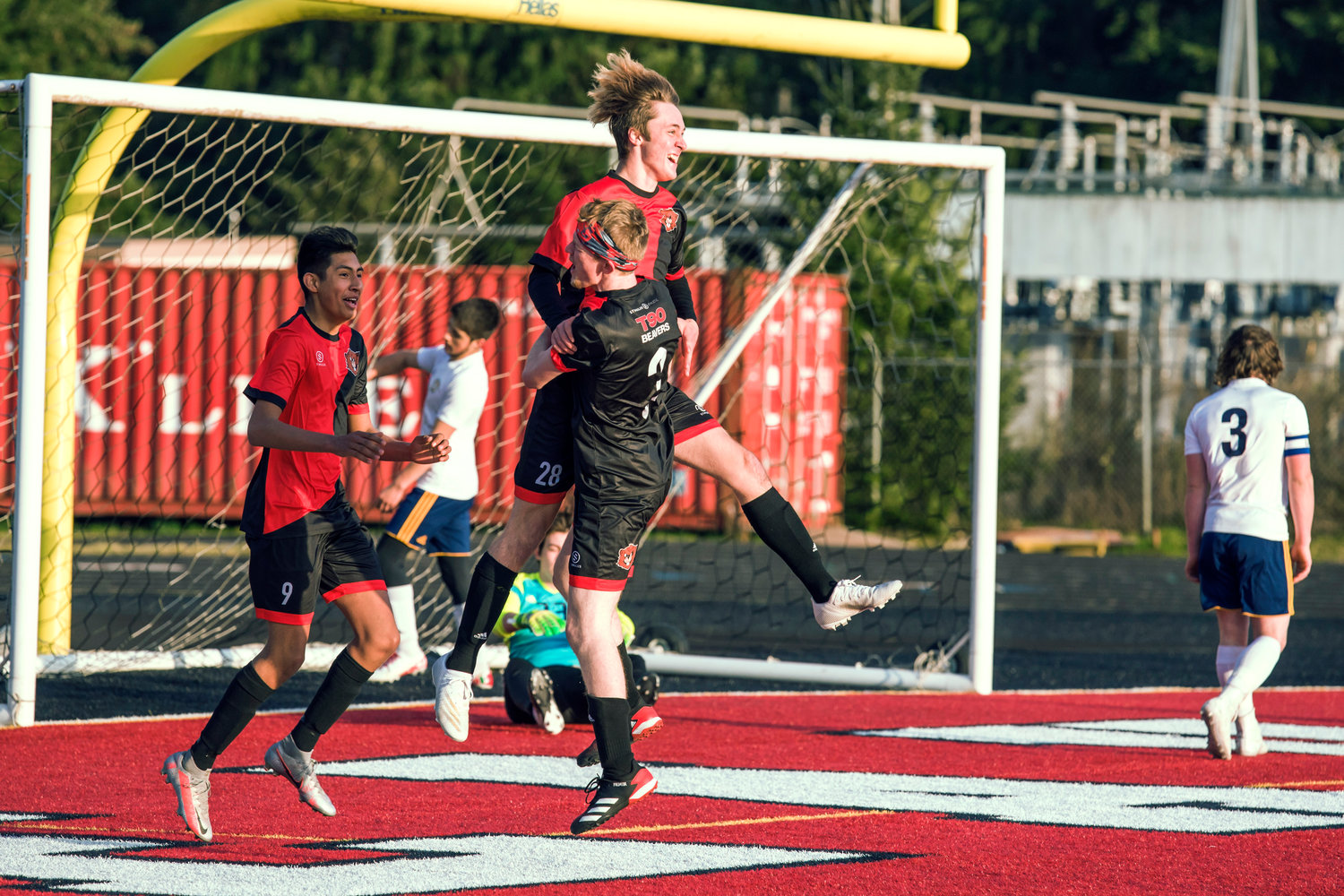 Tenino's Triston Whitaker (28) celebrates a goal during a game against Forks on Friday at Beaver Stadium.