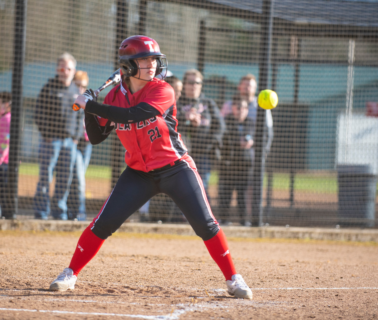 Tenino's Cassie Cannon watches a Centralia pitch go by on Monday.