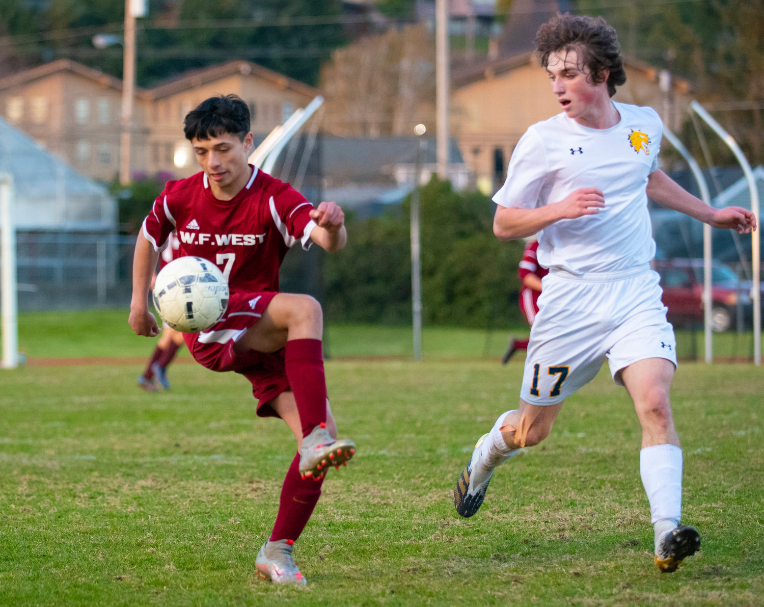 W.F. West's Saul Lima Perez (7) juggles the ball against an Aberdeen player on Tuesday at home.