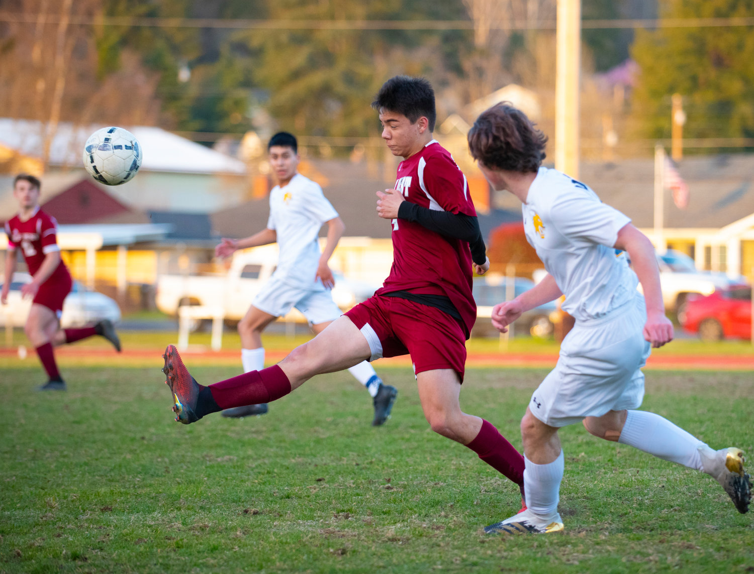 A W.F. West player boots the ball away from Aberdeen on Tuesday in Chehalis.