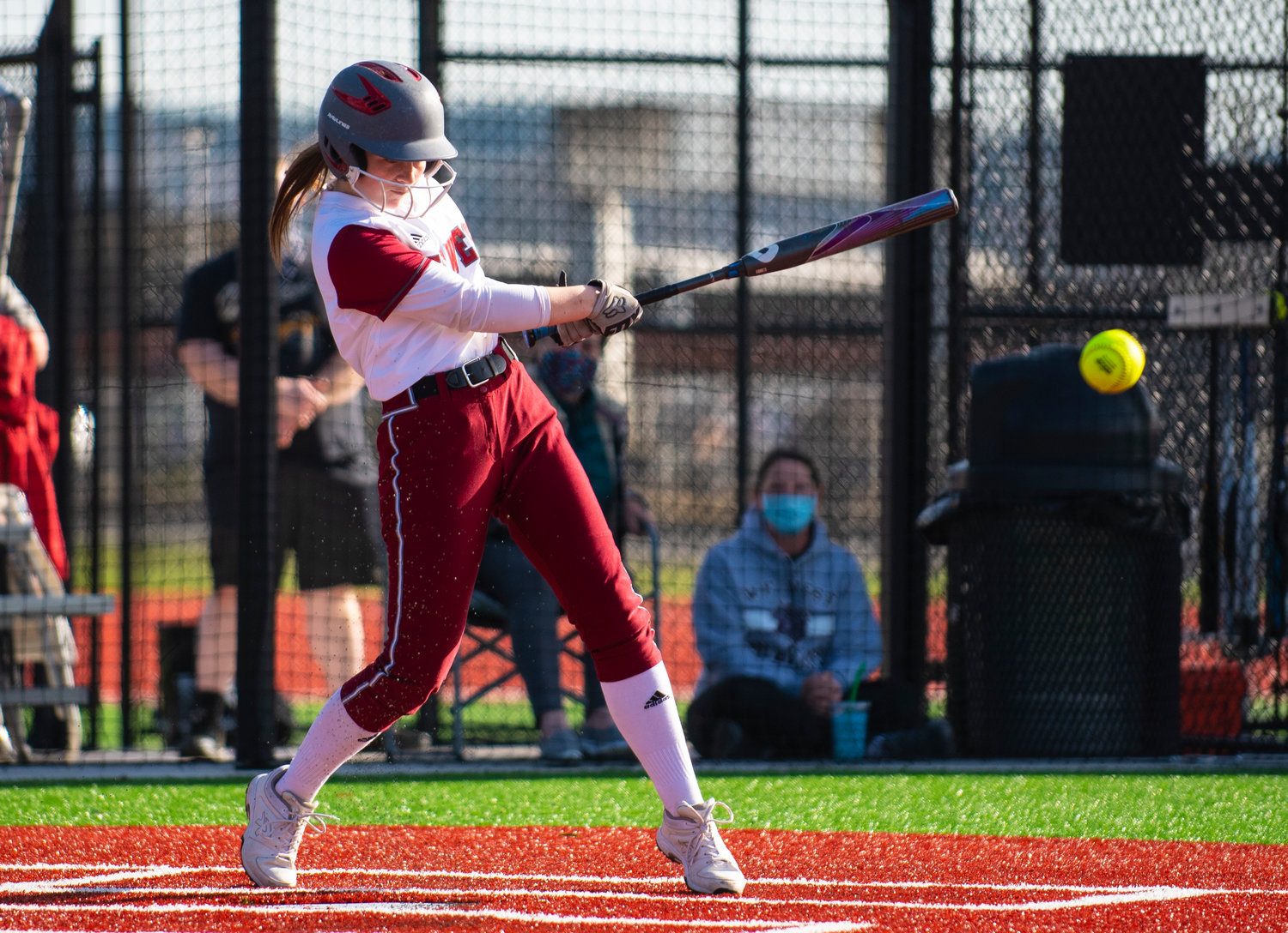 W.F. West sophomore Rachel Gray connects on a Rochester pitch on Wednesday.