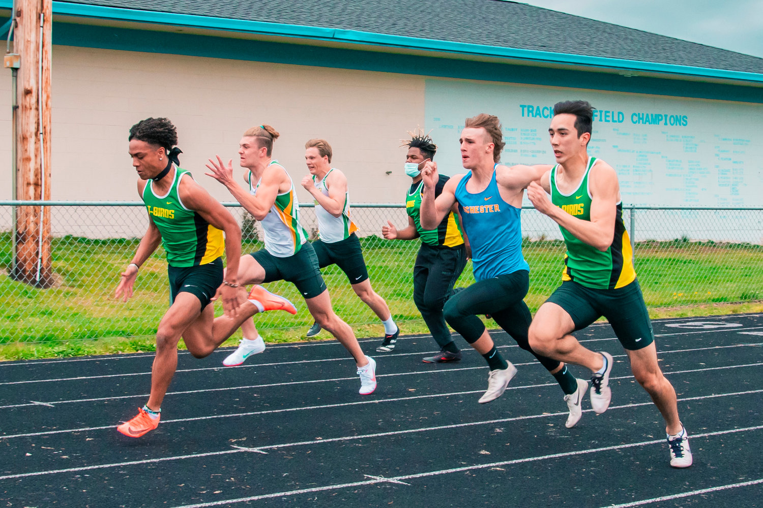 FILE PHOTO - Rochester’s Talon Betts runs in the mens 100m during a meet with Tumwater on Wednesday.