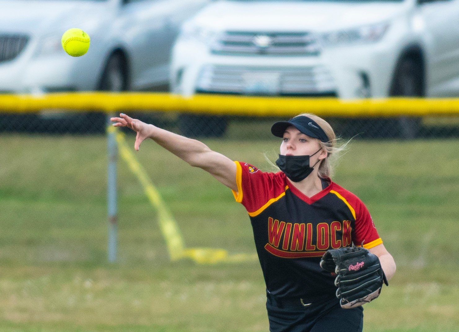 Winlock center fielder Maia Chaney makes a throw from the outfield on Thursday.
