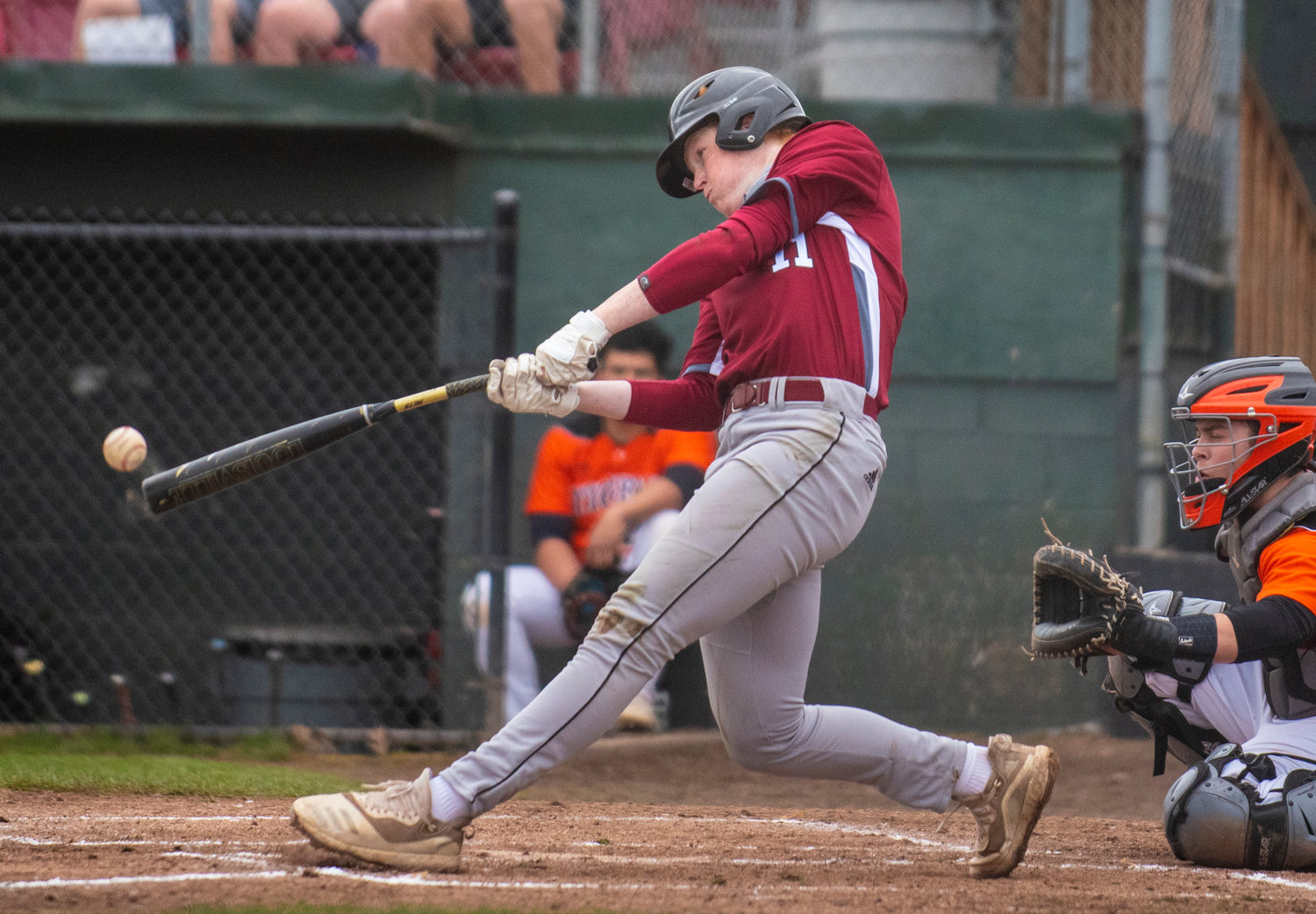 W.F. West's Logan Moore connects on a Centralia pitch on Friday to help the Bearcats to a come-from-behind win at Wheeler Field.