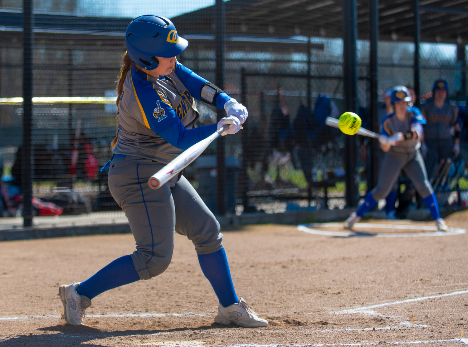 Centralia College third baseman Kerianne Cline squares up a Lower Columbia pitch on Monday.