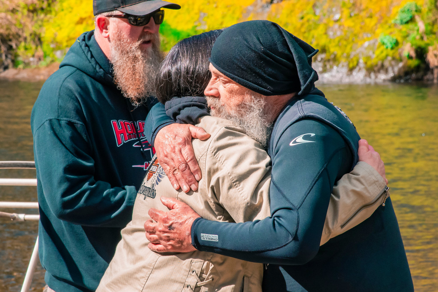 Jim Merrill, the last of the original river runners, embraces attendees before launching into the Chehalis River 43 years after the first official Pe Ell River Run, on Saturday, April 10, 2021.